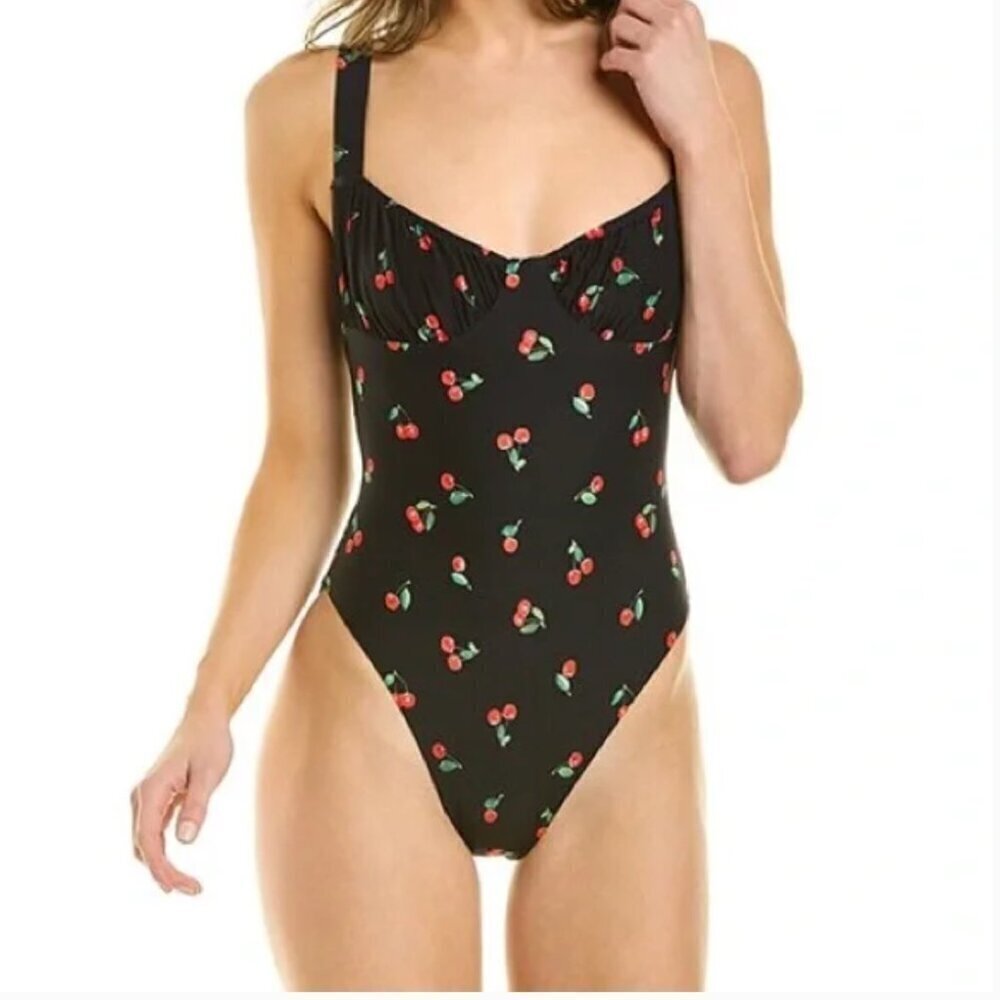 Weworewhat Women's Size XL Ruched Cup One Piece Swimsuit Black Cherries Multi